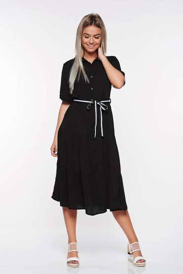 Rochie SunShine neagra casual in clos din material vaporos cu elastic in talie