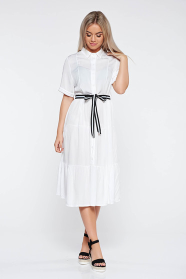 Rochie SunShine alba casual in clos din material vaporos cu elastic in talie