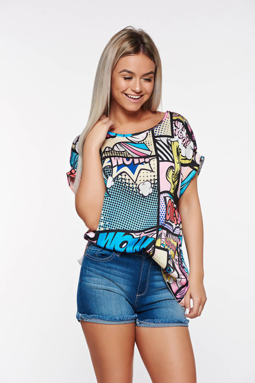 Bluza dama SunShine albastra casual cu croi larg din material elastic cu imprimeuri grafice