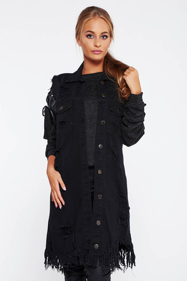 Vesta SunShine neagra casual cu croi larg din bumbac neelastic cu rupturi