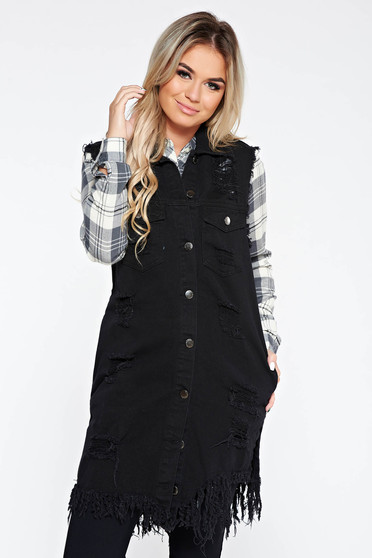 Vesta SunShine neagra casual cu croi larg din bumbac neelastic cu rupturi