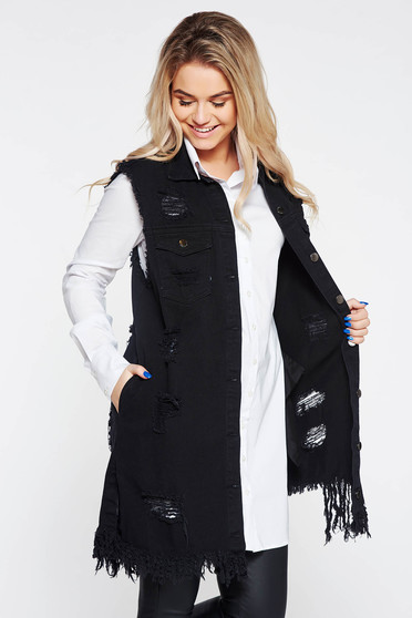 Vesta SunShine neagra casual cu croi larg din bumbac neelastic cu rupturi