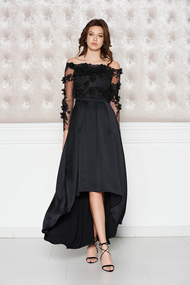 Rochie StarShinerS neagra de ocazie asimetrica din material satinat cu aplicatii florale cu efect 3D