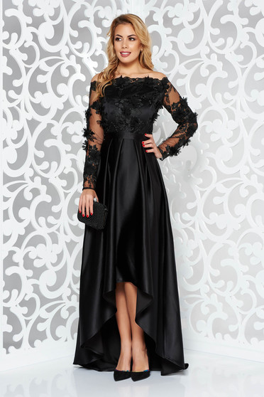 Rochie StarShinerS neagra de ocazie asimetrica din material satinat cu aplicatii florale cu efect 3D