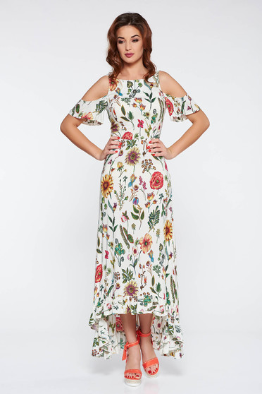 Rochie StarShinerS crem de zi asimetrica cu umeri decupati din material subtire cu imprimeuri florale