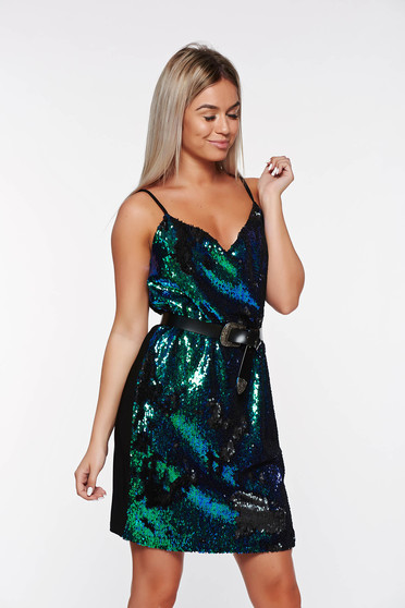 Rochie StarShinerS verde de party cu croi larg cu paiete