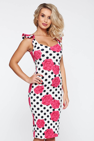 Rochie StarShinerS alba de zi tip creion din material elastic cu volanase la bretele