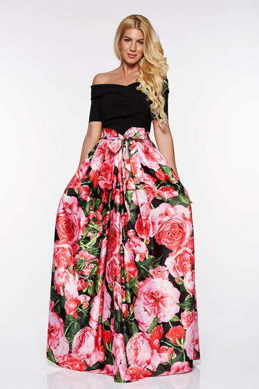 Rochie Artista rosie de ocazie in clos din material satinat captusita pe interior cu umeri goi
