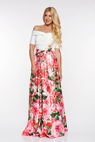 Rochie Artista alba de ocazie in clos din material satinat captusita pe interior cu umeri goi