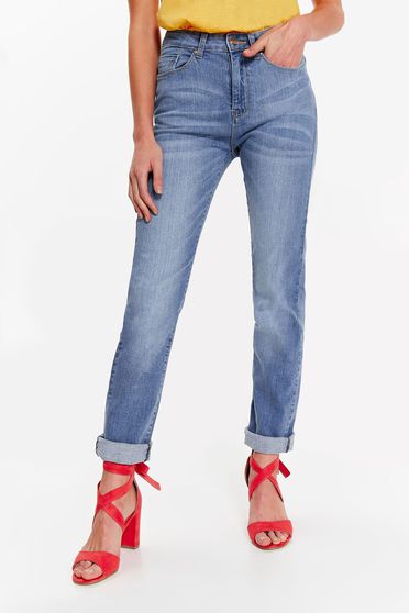 Blugi Top Secret albastri deschis casual cu talie medie din bumbac usor elastic cu buzunare