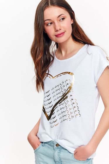 Tricou Top Secret alb casual cu croi larg din bumbac usor elastic cu print
