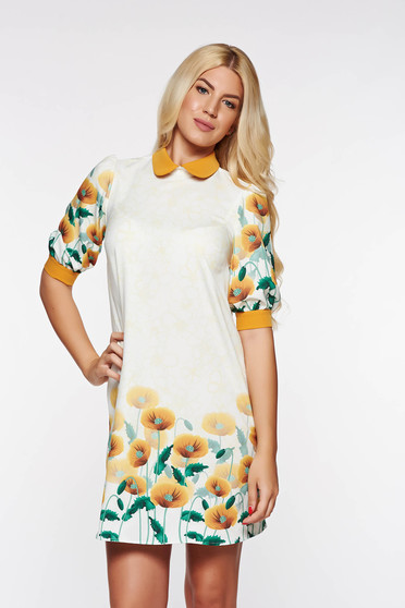 Rochie PrettyGirl mustarie eleganta cu croi larg din material usor elastic cu imprimeuri florale
