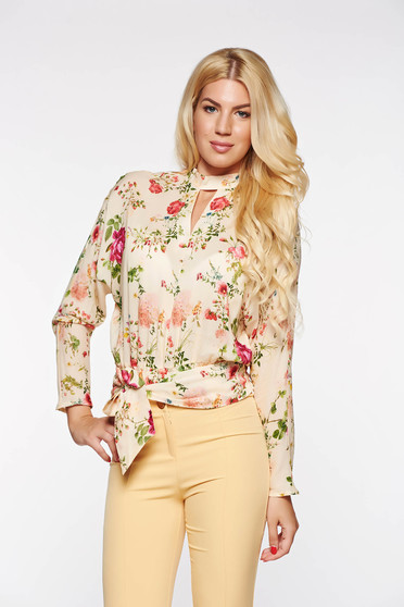 Bluza dama PrettyGirl crem eleganta cu croi larg din bumbac cu elastic in talie
