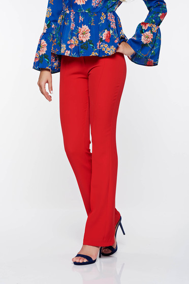 Pantaloni PrettyGirl rosii eleganti evazati din material elastic si fin cu talie medie