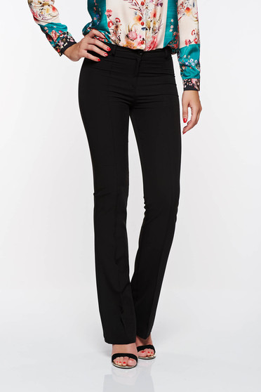 Pantaloni PrettyGirl negri eleganti evazati din material elastic si fin cu talie medie