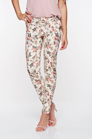 Pantaloni PrettyGirl crem eleganti cu talie medie din bumbac neelastic cu buzunare