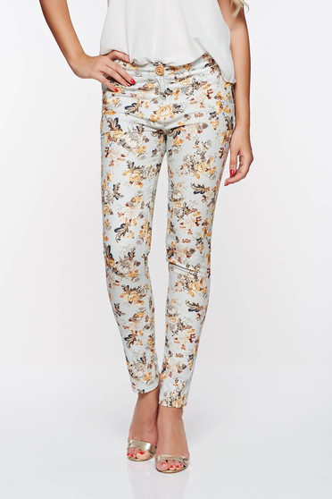 Pantaloni PrettyGirl albastri deschis eleganti cu talie medie din bumbac neelastic cu buzunare