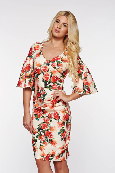 Rochie PrettyGirl rosie eleganta tip creion din material elastic si fin cu maneci clopot