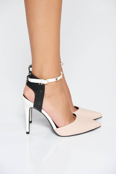Pantofi crem eleganti cu toc inalt din piele ecologica cu aplicatii cu tinte