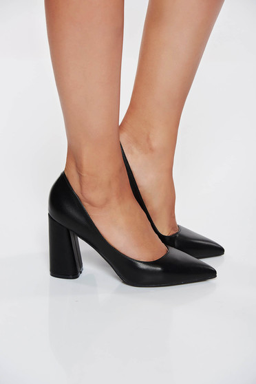 Pantofi negri eleganti cu toc gros din piele ecologica
