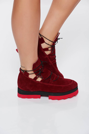 Pantofi sport rosu casual din piele naturala cu talpa joasa accesorizat cu snur