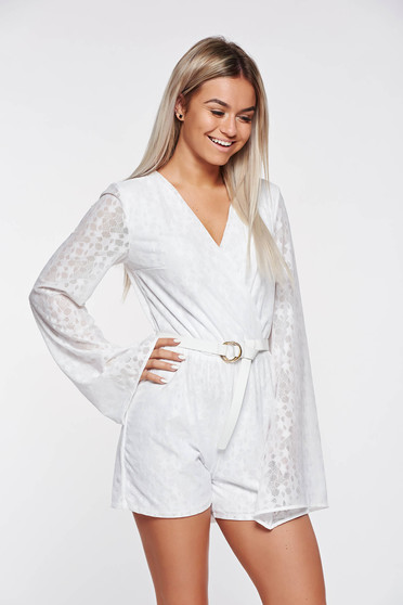 Salopeta SunShine alba casual din material elastic si fin captusita pe interior cu elastic in talie