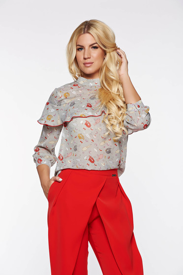 Bluza dama PrettyGirl gri eleganta cu croi larg din material vaporos si transparent cu volanase