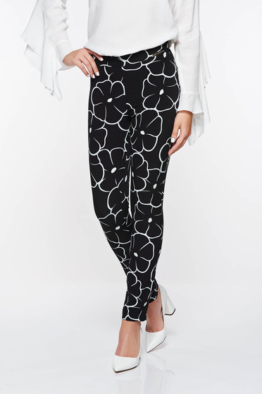 Pantaloni PrettyGirl negri office conici cu talie medie cu imprimeu geometric