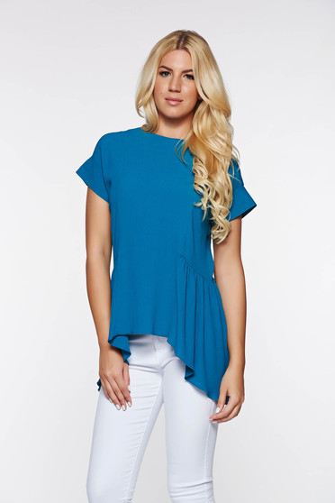 Bluza dama PrettyGirl turcoaz eleganta asimetrica din material vaporos cu croi larg