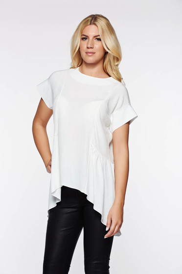 Bluza dama PrettyGirl alba eleganta asimetrica din material vaporos cu croi larg