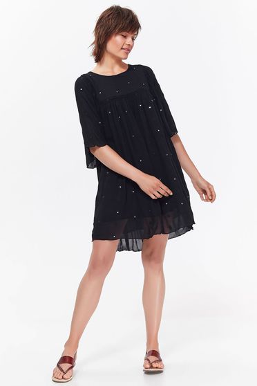 Rochie Top Secret neagra de zi cu croi larg din material vaporos si transparent cu aplicatii stralucitoare