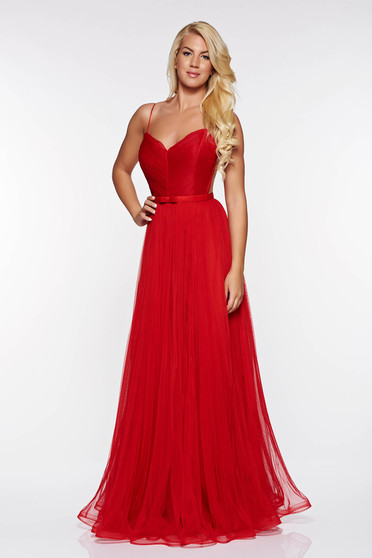 Rochie Ana Radu rosie de lux cu decolteu din tul captusita pe interior cu bust buretat