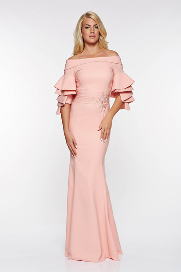 Rochie LaDonna piersica de ocazie din material usor elastic captusita pe interior cu volanase la maneca