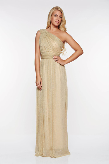 Rochie LaDonna aurie de ocazie plisata din material transparent cu fir lame captusita pe interior