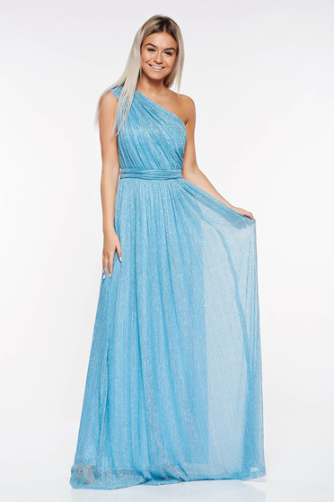 Rochie LaDonna albastra-deschis de ocazie plisata din material transparent cu fir lame captusita pe interior