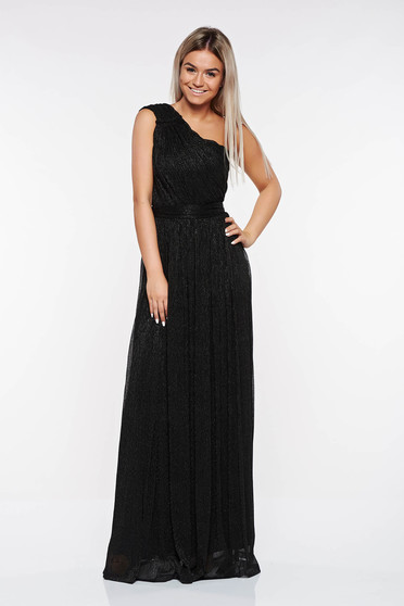 Rochie LaDonna neagra de ocazie plisata din material transparent cu fir lame captusita pe interior