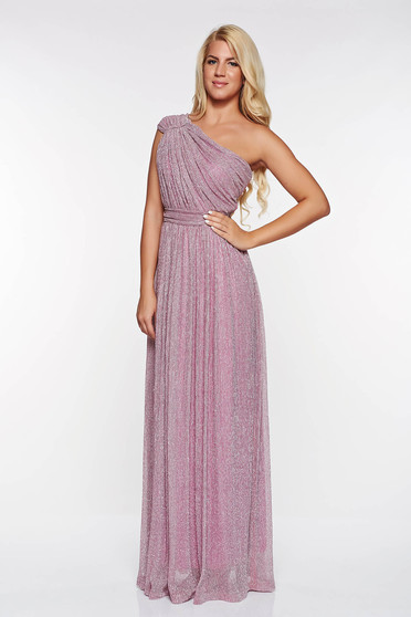 Rochie LaDonna rosa de ocazie plisata din material transparent cu fir lame captusita pe interior