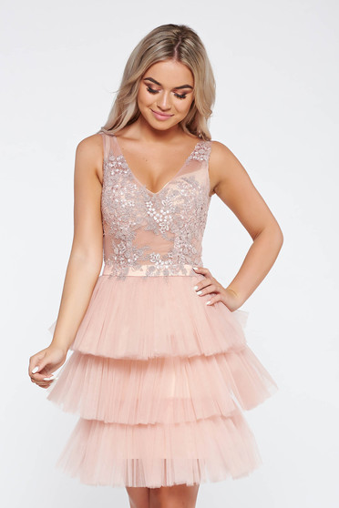 Rochie LaDonna rosa de ocazie din tul captusita pe interior si dantela cu aplicatii florale cu efect 3d