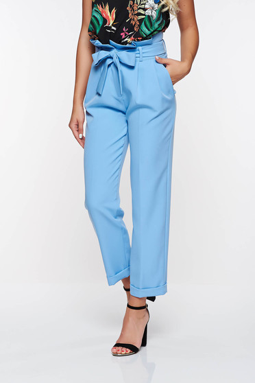 Pantaloni PrettyGirl albastri deschis office cu talie inalta din stofa usor elastica cu buzunare