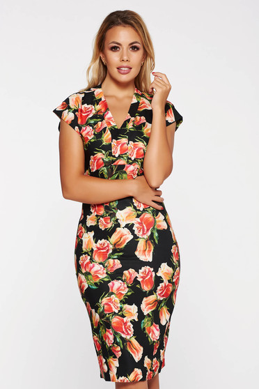 Rochie PrettyGirl neagra eleganta tip creion din material moale usor elastic cu decolteu in v