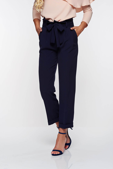 Pantaloni PrettyGirl albastri-inchis office cu talie inalta din stofa usor elastica cu buzunare