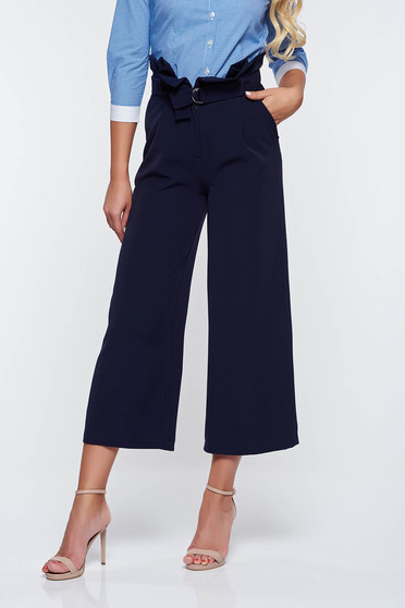 Pantaloni PrettyGirl albastri-inchis office cu talie inalta din stofa usor elastica cu buzunare