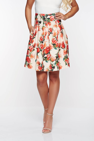 Fusta PrettyGirl rosie eleganta in clos din material usor elastic cu talie inalta si buzunare