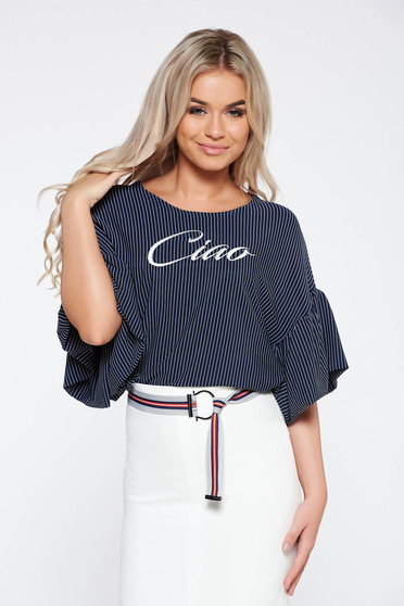 Bluza dama StarShinerS albastra-inchis casual brodata cu croi larg cu accesoriu tip curea