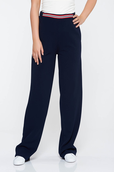 Pantaloni StarShinerS albastri-inchis casual evazati cu talie medie din material elastic cu buzunare