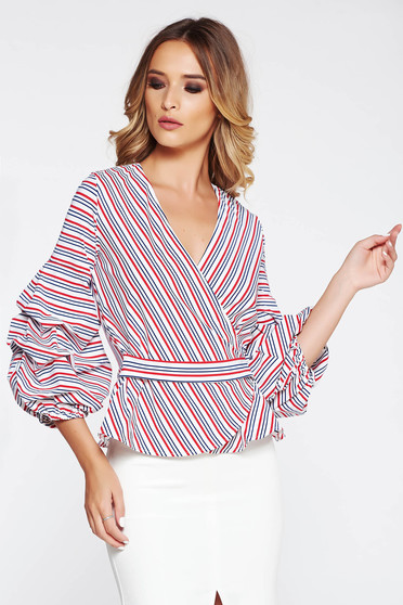 Bluza dama StarShinerS alba office petrecuta din material elastic cu maneci bufante si decolteu in v