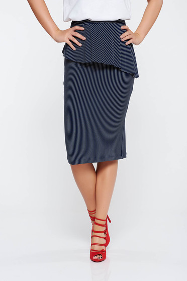 Fusta StarShinerS albastra-inchis casual tip creion cu talie medie din material elastic cu peplum