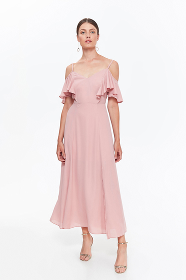 Rochie Top Secret rosa eleganta cu bretele din material vaporos cu volanase