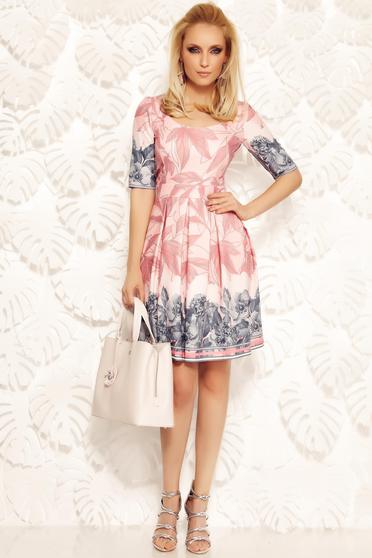 Rochie Fofy rosa office in clos din material usor elastic cu imprimeuri florale