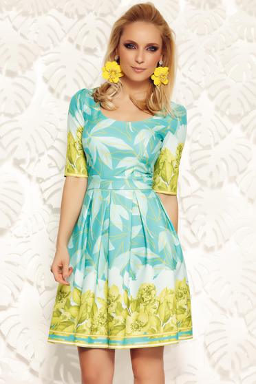 Rochie Fofy verde office in clos din material usor elastic cu imprimeuri florale